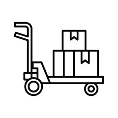 Black and white line art icon of a hand truck carrying stacked boxes