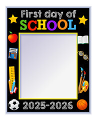 First day of school 2025-2026, photo booth frame design. Back to school 2025 creative template for photo album. Vector illustration