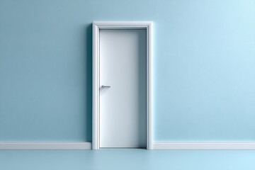 A simple, modern white door set against a serene, light blue wall, indoors.