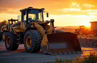 Heavy construction loader vehicle working during sunset on a construction site