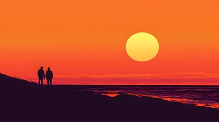 Silhouette of two people on a beach at sunset.