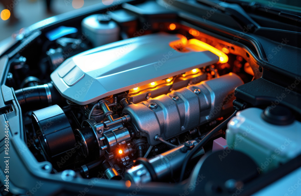 Aufkleber modern car engine with illuminated components and advanced technology features