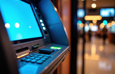 Automated teller machine ATM with illuminated screen and keypad in a modern indoor setting