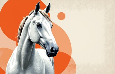 Elegant white horse with a modern abstract background in warm orange tones