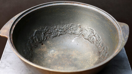Damaged Interior of a Pot: Peeling, Cracking, and Bubbling Non Stick Coating Revealed.