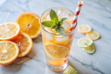 Fototapeta premium Refreshing citrus drink with ice cubes and mint on marble surface