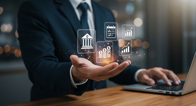 Businessman Hands Holding Digital Financial Icons Bank Building Calendar Graph Coins Growth Laptop Dark Background - Powered by Adobe