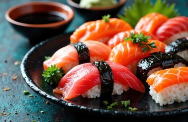 Assorted fresh sushi with salmon, tuna, and seaweed-wrapped pieces on a black plate