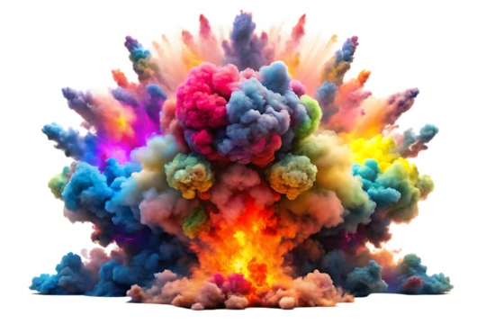 Vibrant multicolored smoke explosion with bright fiery core and dark background Ai isolated on a transparent background
