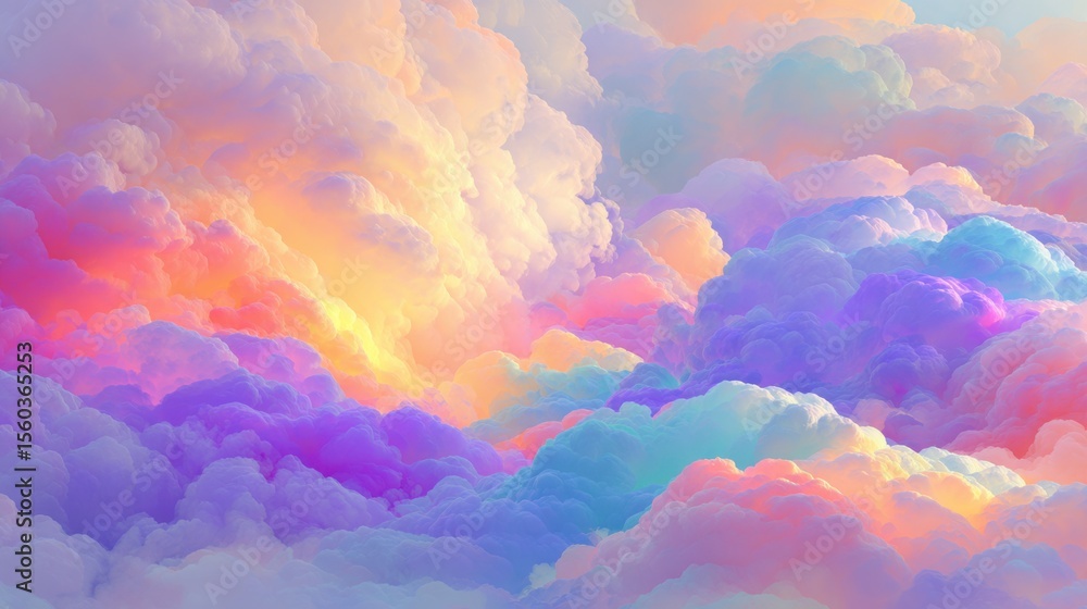 Poster dreamy background of colorful, floating clouds in pop-art pastels with soft gradients merging into a