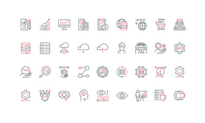 Data analysis and business analytics with AI, financial accounting line icon set. Filter and classification of data types, optimization process thin black and red outline symbols vector illustration
