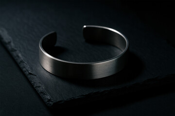 Minimalist Silver Cuff Bracelet on Dark Slate - Men's Fashion & Jewelry