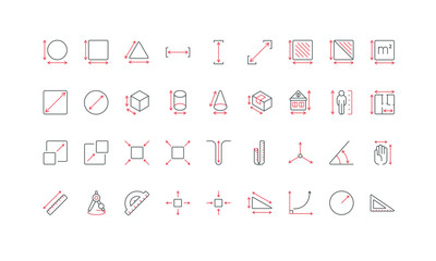 Measurement space, length and width, thickness of geometric shape, dimension arrows line icon set. Precision measuring of person height, building and box thin black and red symbols vector illustration