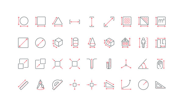Measurement space, length and width, thickness of geometric shape, dimension arrows line icon set. Precision measuring of person height, building and box thin black and red symbols vector illustration