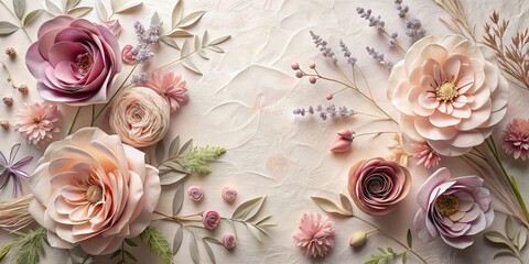 A Delicate Arrangement of Pastel Paper Flowers and Dried Botanicals on a Textured Background