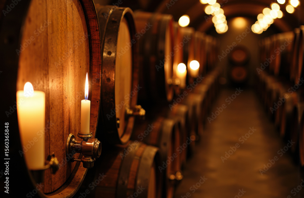Poster wine barrels line a dimly lit cellar illuminated by candlelight, creating a warm and inviting atmosp