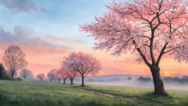 pink trees sunrise landscape painting