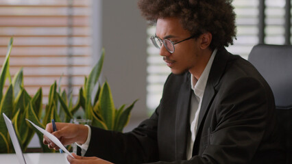 Pensive thinking think thought African American man business male guy businessman employer...