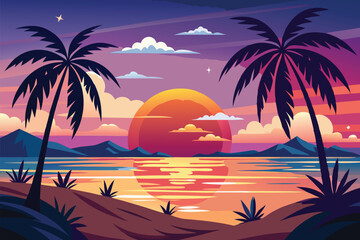 Fototapeta premium Tropical Sunset Landscape with Palm Trees and Ocean – Vector Illustration
