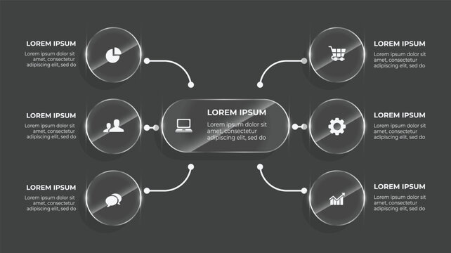 6 Step 3D Glass Infographic Flow Chart – Business Timeline Diagram with Data, Icons & Web Template Design