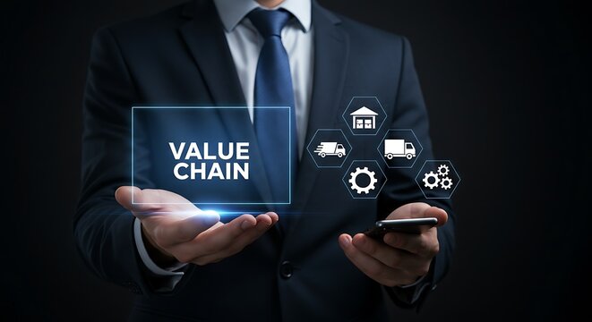 Businessman in dark suit holding Value Chain concept digital interface showing warehouse delivery trucks and gears - Powered by Adobe