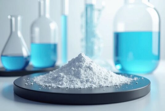 Scientific laboratory setup with a pile of fine white powder and various glass flasks containing vibrant blue solutions, highlighting chemistry, horizontal composition