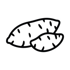 Simple black and white outline drawing of two sweet potatoes on a white background