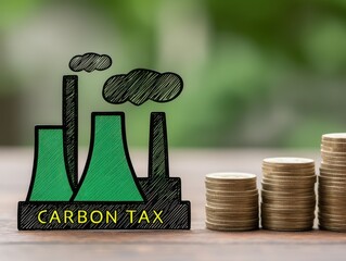 Illustration of a factory releasing pollution labeled "Carbon Tax" next to ascending stacks of coins symbolizing financial impact or regulation.