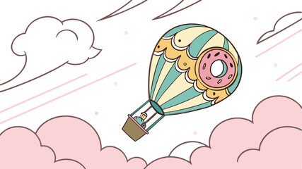 Cartoon hot air balloon with donut design floating among pink clouds and wispy lines in a whimsical sky