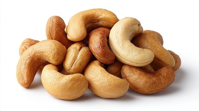 Healthy snack of roasted cashew nuts isolated on white background for vegetarian food lovers