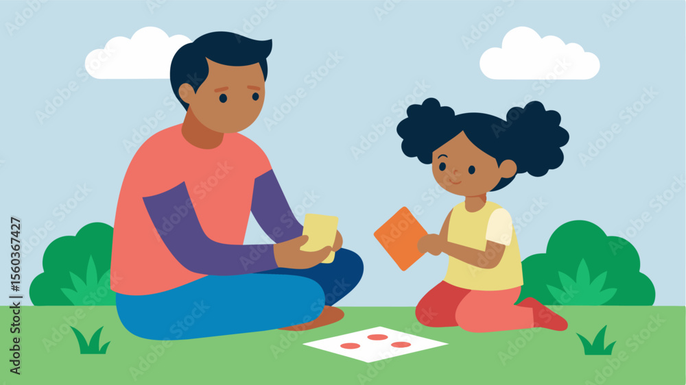 Poster a father and daughter playing a memory game in the park with a deck of cards that have different wor