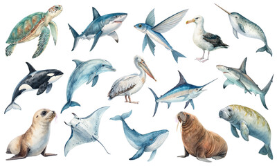 Watercolor Vector Set of Marine Animals and Ocean Wildlife Illustrations