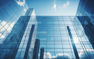 Low angle view of glass buildings reflecting blue sky and white clouds