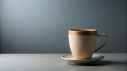 A speckled beige ceramic mug with a wood rim rests on a matching saucer against a muted gray backdrop