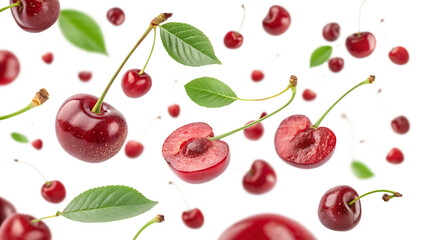 Flying defocusing cherry berries isolated on a white background PNG. AI GENERATED.