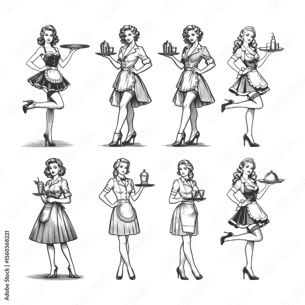 Poster waitress set collection bundle sketch engraving generative ai vector illustration. scratch board imi