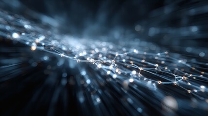 Abstract blue fiber optic background with glowing light spots and digital network elements