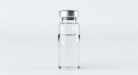 A close-up shot of a transparent glass vial with a metallic cap, containing a clear liquid.