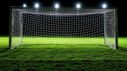 Empty soccer goal under stadium lights