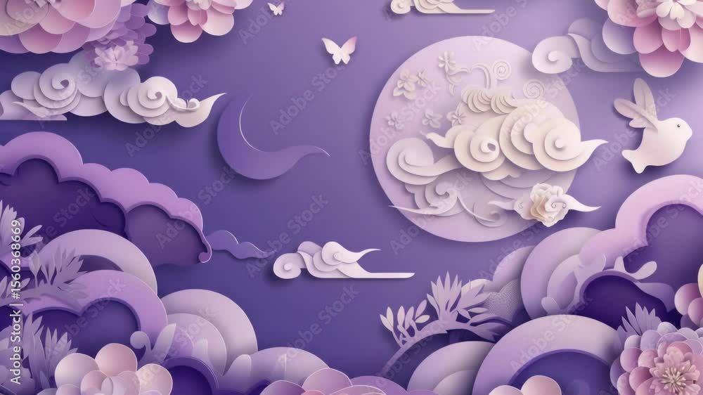 Poster a paper cut design featuring birds and flowers on a deep purple background, ideal for use in decorat