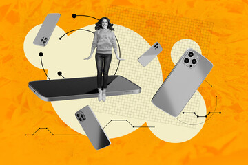 Full 3d poster art collage of happy businesswoman businessman stand phone screen workload tension...