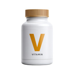White Vitamin Bottle with Gold Letter V and Natural Wood Cap for Health and Wellness Transparent background or PNG
