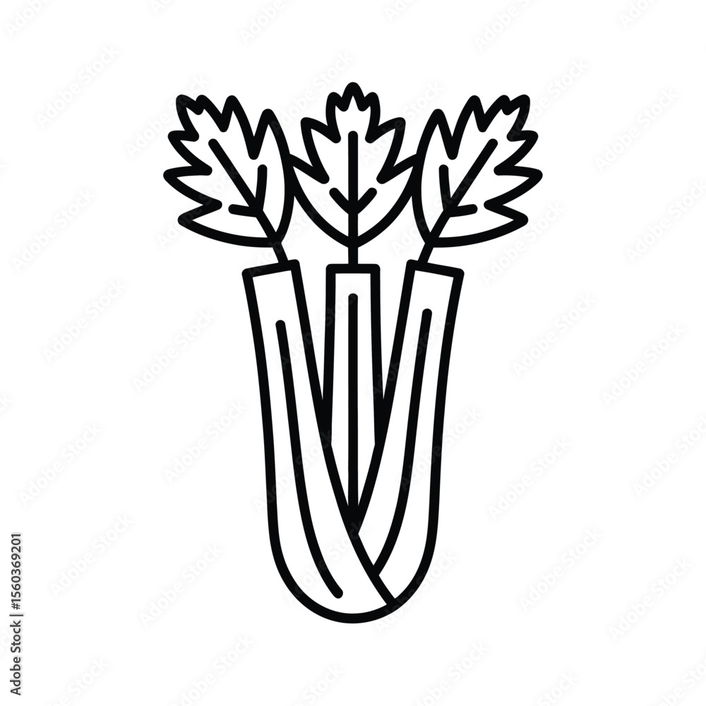 Poster simple black line icon of three celery stalks with leaves on a white background