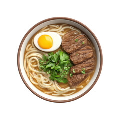 Delicious bowl of ramen with tender beef slices, soft-boiled egg, fresh herbs, and noodles in savory broth Transparent background or PNG