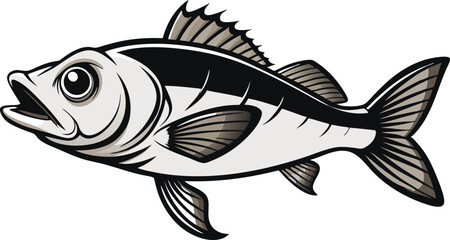 Sea Bass Fish Black and White Vector.