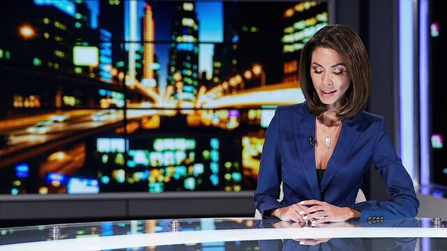 Seamless Loop video of Professional male anchor wearing blue suit broadcasting live news feed,Generative AI