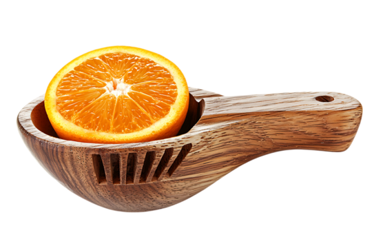 Half of a fresh orange sits inside a wooden citrus reamer isolated on white or transparent png