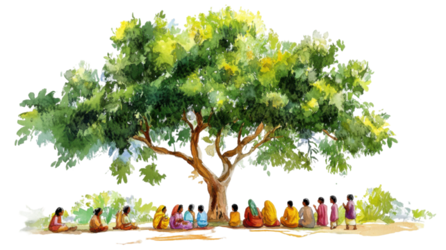 Large tree in the park with people sitting inside its shade relaxing under branches enjoying nature in a peaceful outdoor setting isolated on white background