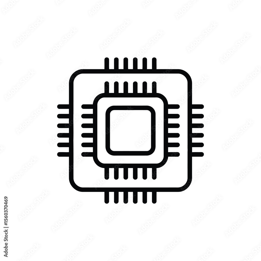 Poster simple black line icon of a computer processor chip on a white background