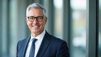 Fototapeta premium Confident Mature Executive Businessman in Suit Posing by Office Window
